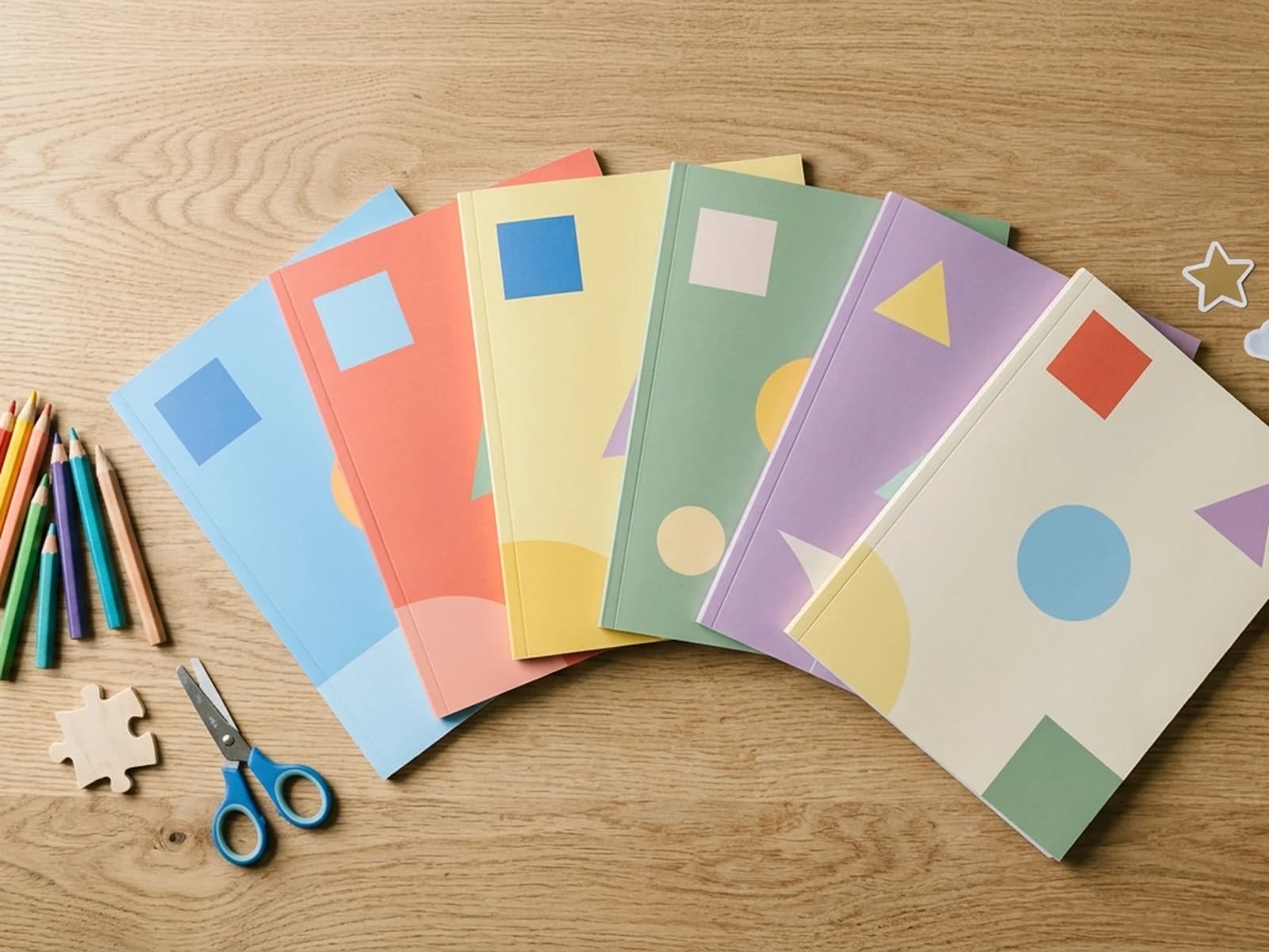 Six activity book covers fanned across a warm wood surface with chunky coloring pencils and safety scissors