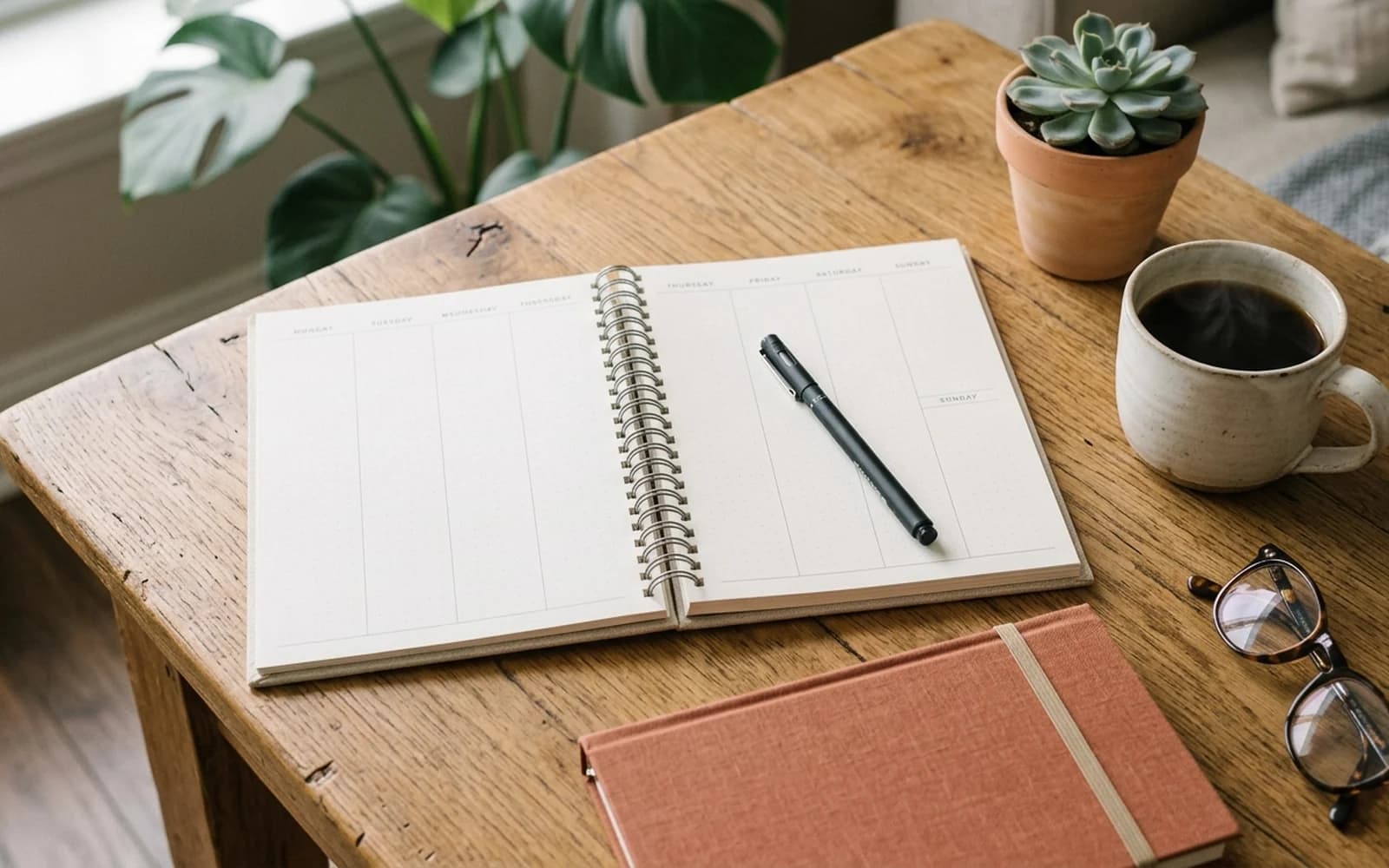 Open weekly planner on a warm oak desk with a coffee mug, fineliner pen, and a stacked terracotta linen-bound planner