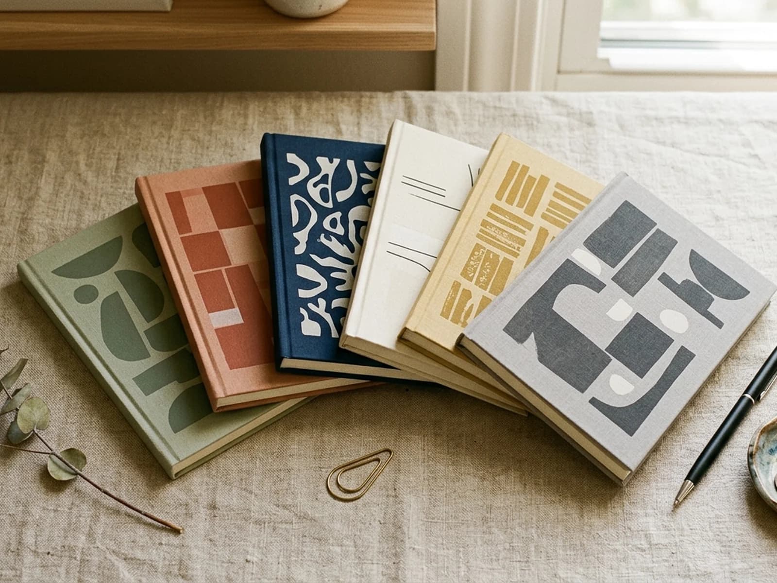 Six planner covers fanned across a warm linen surface with a brass paperclip and dried eucalyptus sprig