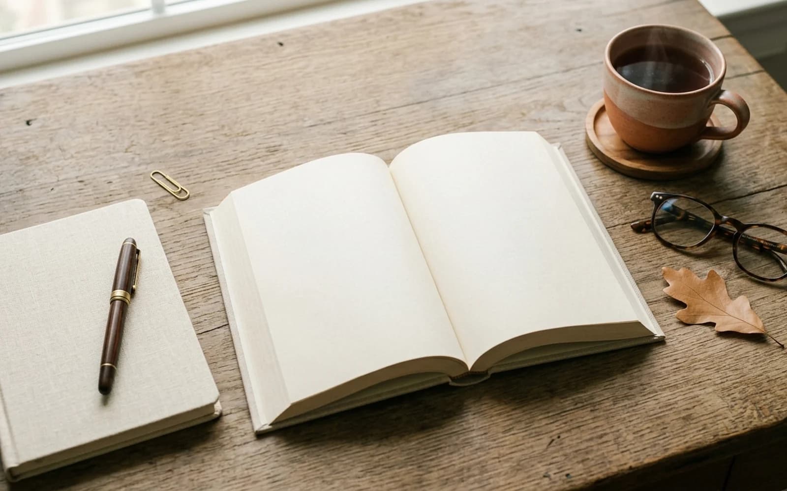 Self-help author desk with open book, linen notebook, fountain pen, and warm tea
