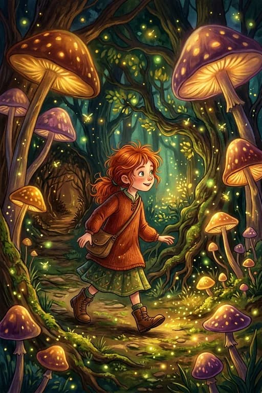 A girl in a red coat walking through a glowing mushroom forest