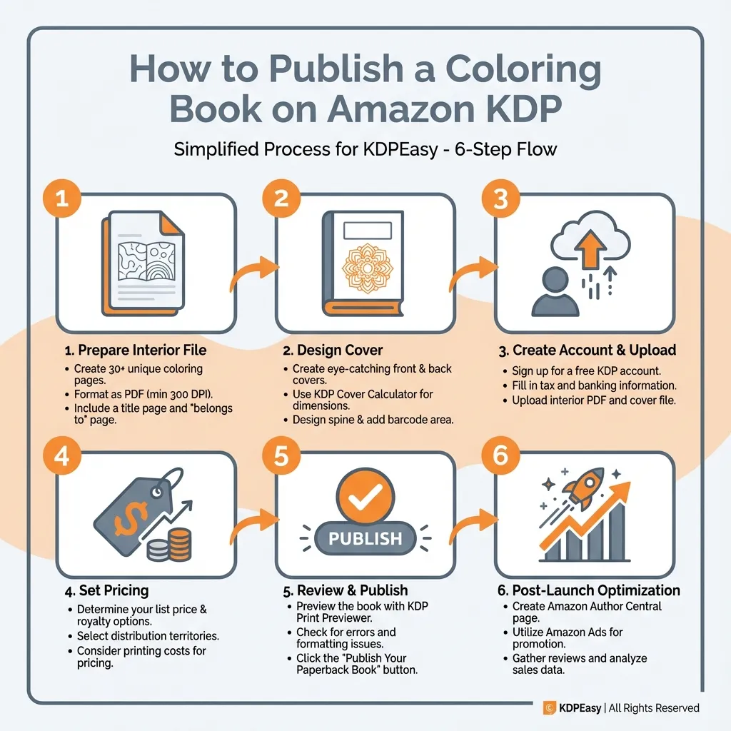 Step-by-step infographic showing how to publish coloring books on Amazon KDP for self-publishing authors