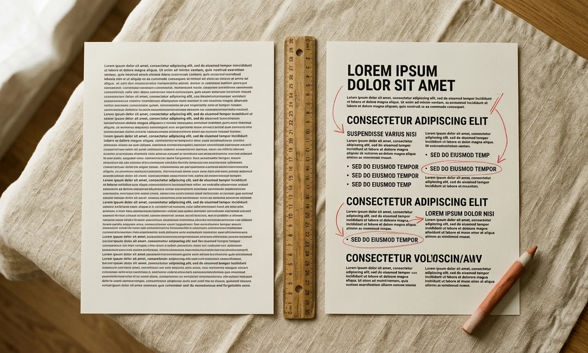 Before and after editorial photograph of two book description drafts side by side, one a plain wall of text and the other formatted with bolded headlines and bullet lines