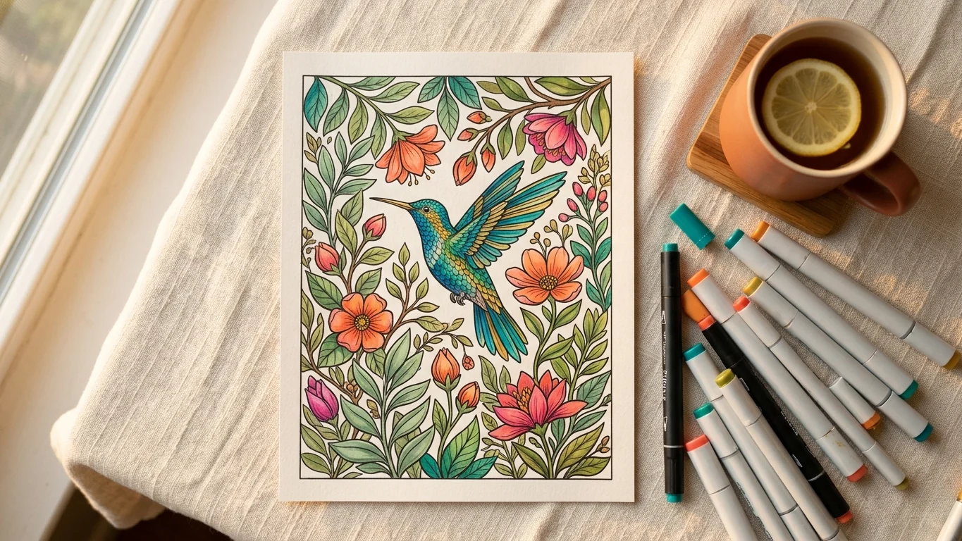 Finished colored adult coloring page: hummingbird and botanicals in jewel tones with markers scattered alongside.