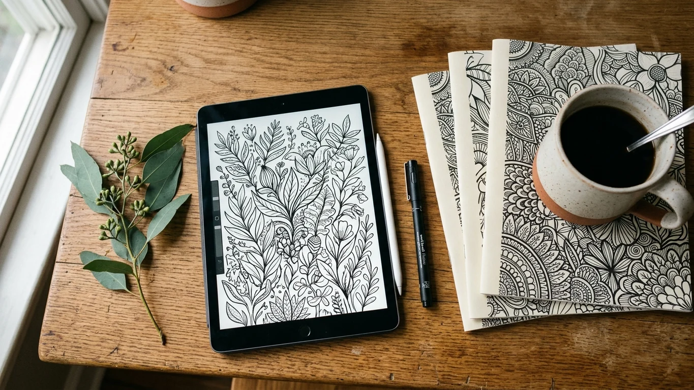 Creator's workspace: tablet displaying coloring page line art beside proof-copy paperbacks, markers, and coffee mug.