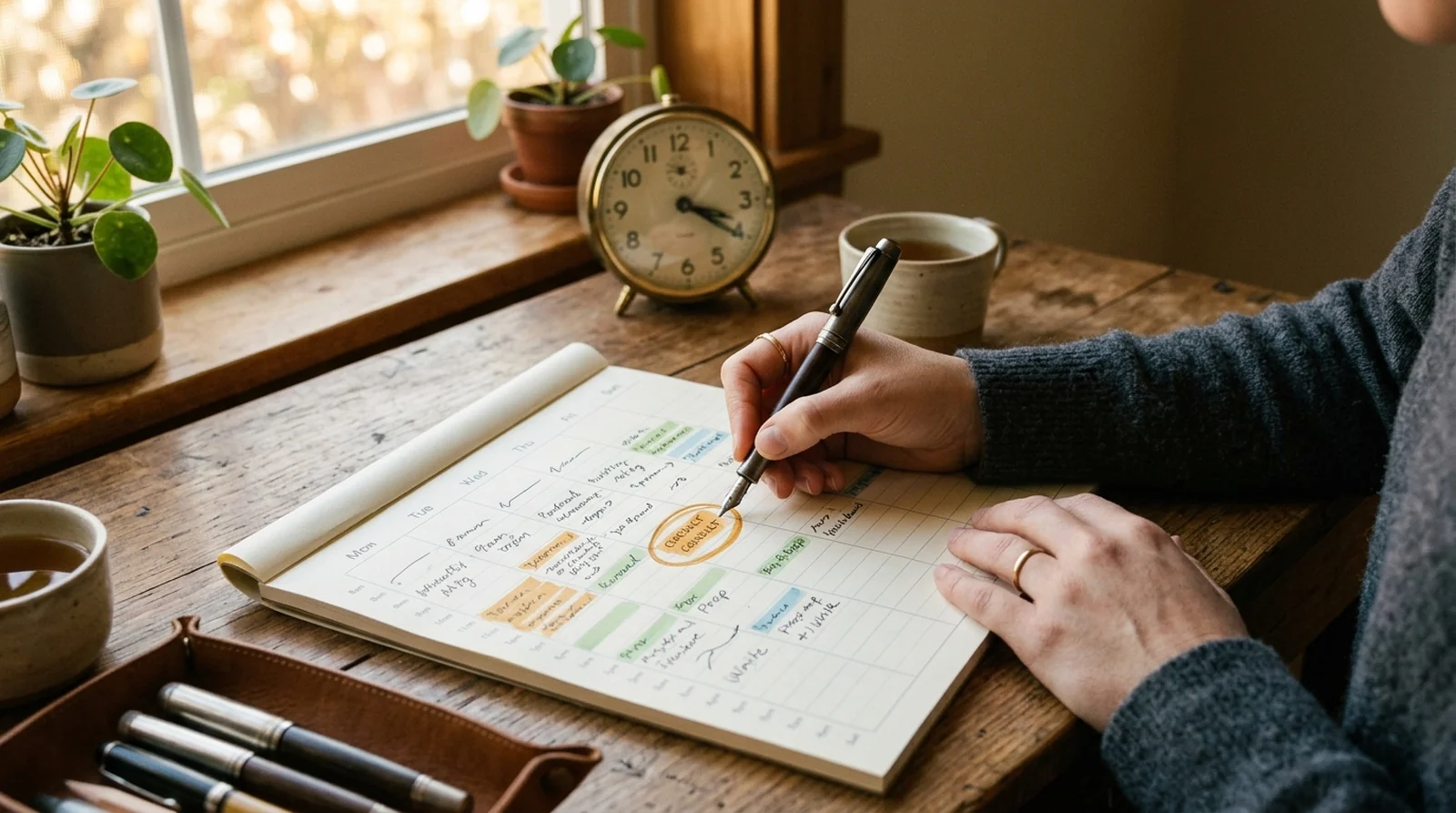 A hand circling time blocks on a paper weekly calendar with colored highlighters next to a vintage analog clock