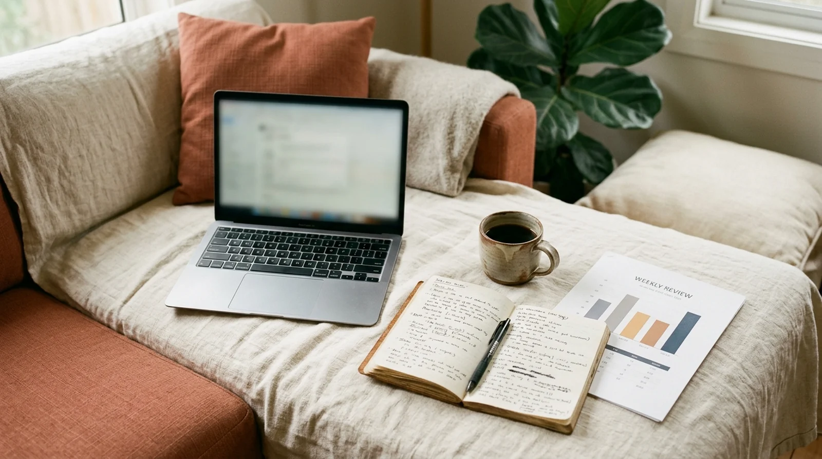 A weekend morning planning scene with laptop, notebook, coffee mug, and a printed bar chart on a soft linen throw