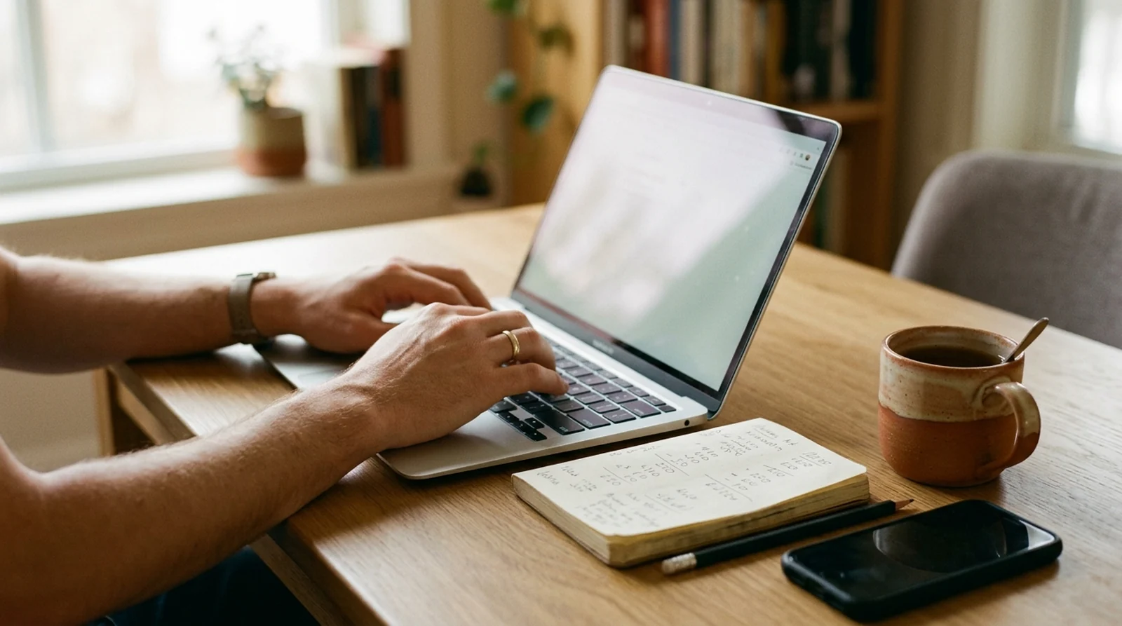 Author managing their Amazon Ads budget on a laptop with a notebook of handwritten figures beside them