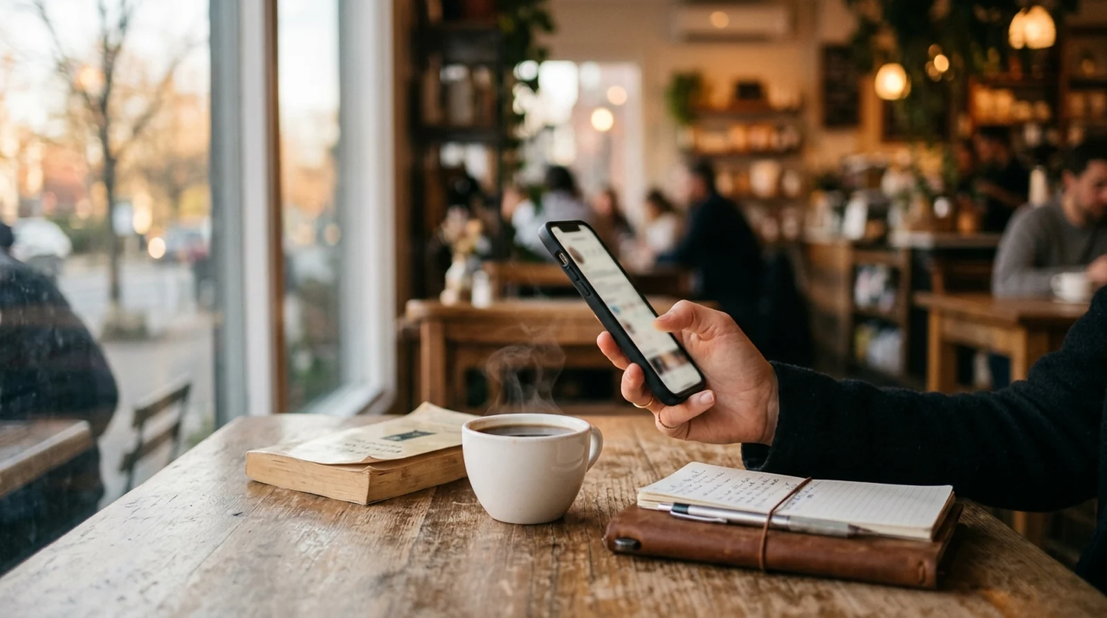Author at a cafe table holding a smartphone, checking their email newsletter beside a coffee cup and a paperback book
