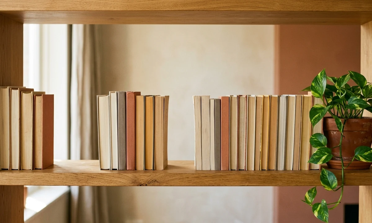 Bookshelf showing three growing clusters of paperbacks, visualizing how Amazon KDP income scales with catalog size from hobby to full-time