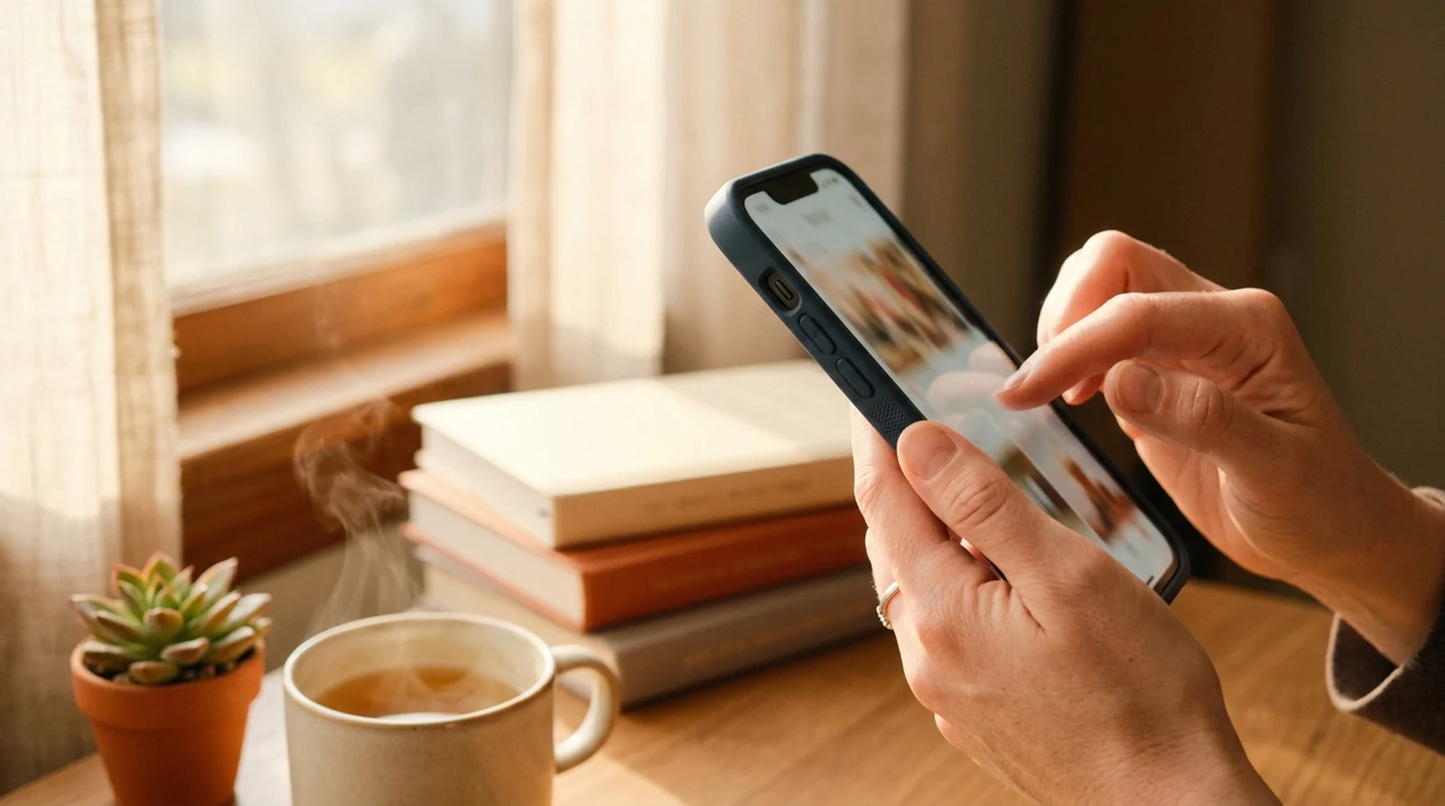 Author scrolling Instagram on a smartphone next to a stack of paperback books, a coffee mug, and a terracotta pot in warm window light