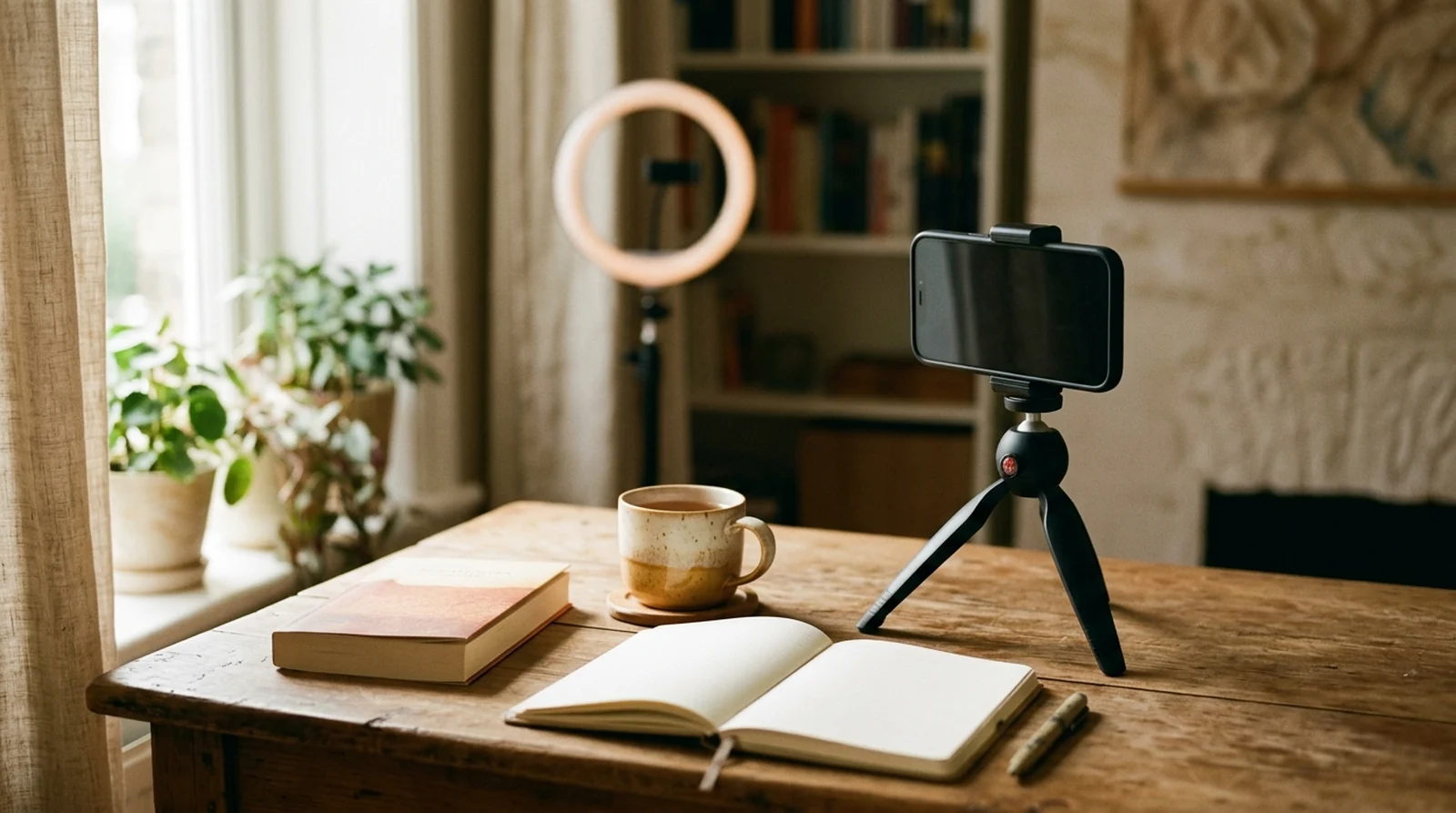 Smartphone on a tripod set up to film a Reel, with a paperback book, blank notebook, and ceramic mug arranged on a wooden desk