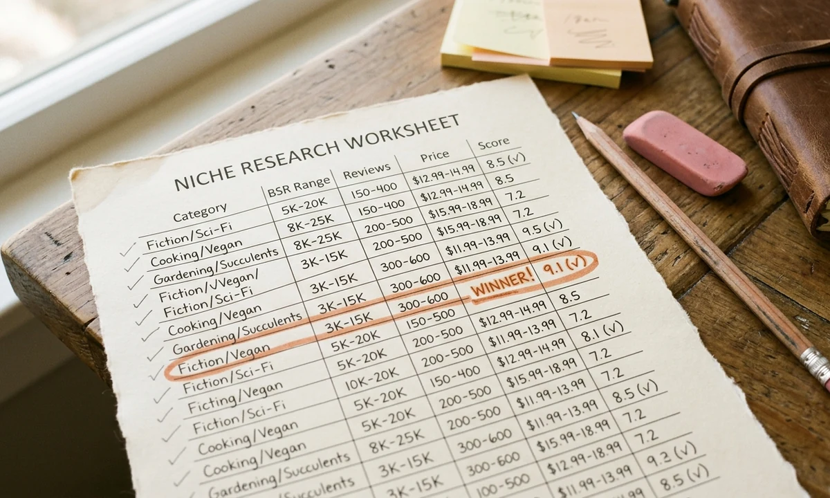 Top down photograph of a printed KDP niche research worksheet with hand-filled columns for category, BSR, reviews, price and score, and a circled winner row