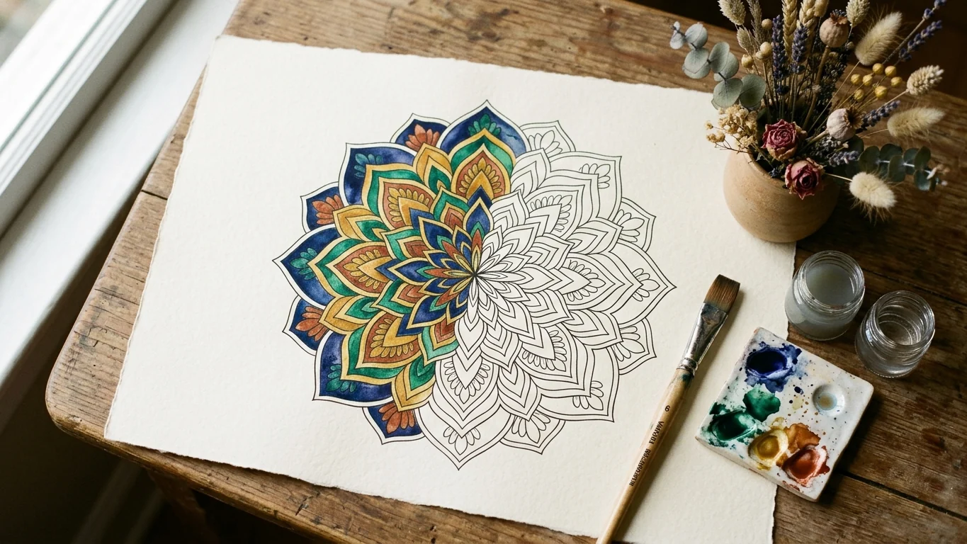Partly-finished mandala coloring page in jewel-tone watercolor, brush resting on the page beside a ceramic palette.