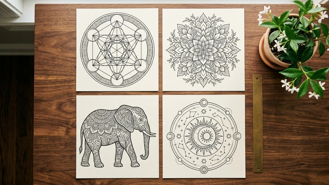 Four mandala styles arranged in a grid: pure geometric, floral, animal, and celestial.