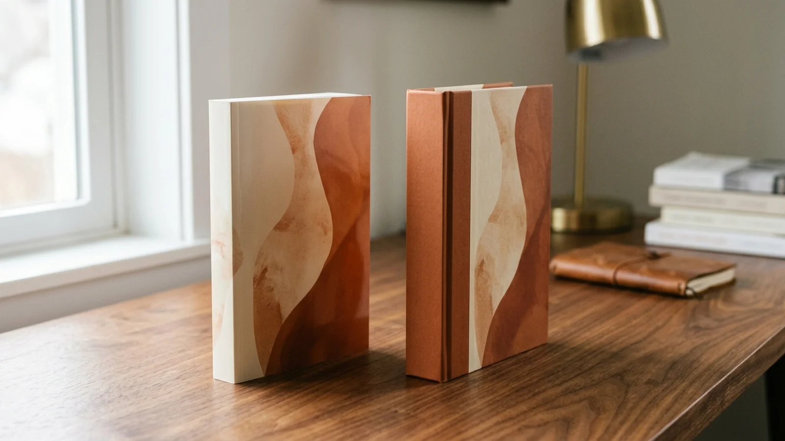 Editorial side-by-side product photo of a paperback and a thicker hardcover book standing upright on a warm wooden desk with soft window light