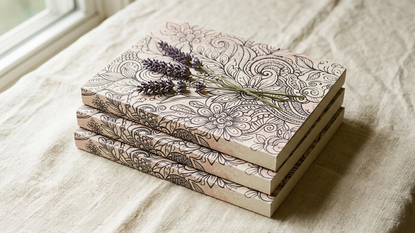 Stack of three swear word coloring book paperbacks with decorative botanical line-art covers and a sprig of lavender.