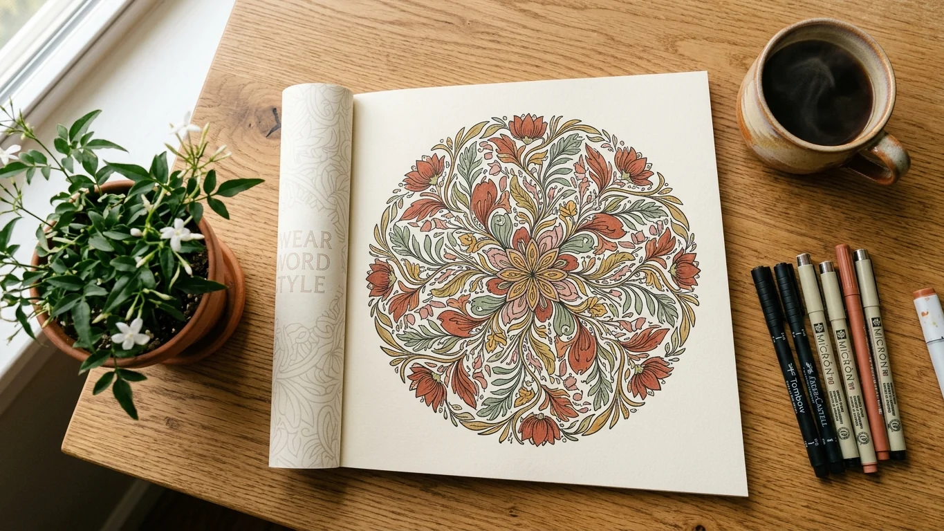 Open swear word coloring book page being filled in with warm terracotta and sage markers, mug of coffee, calm desk.