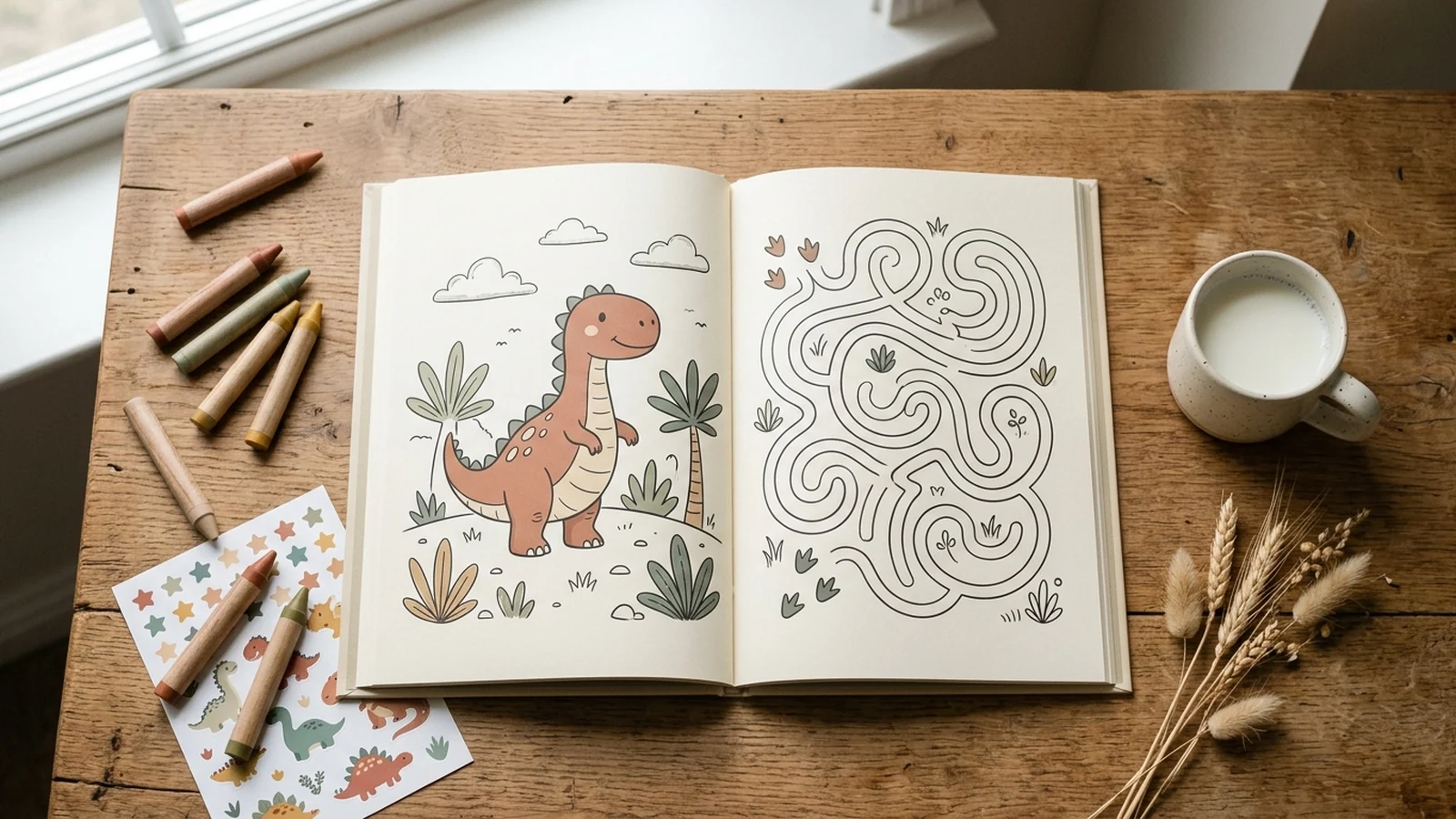 Overhead flat lay of an open themed children's activity book with a friendly dinosaur illustration, surrounded by chunky wooden crayons, stickers and a small mug of milk
