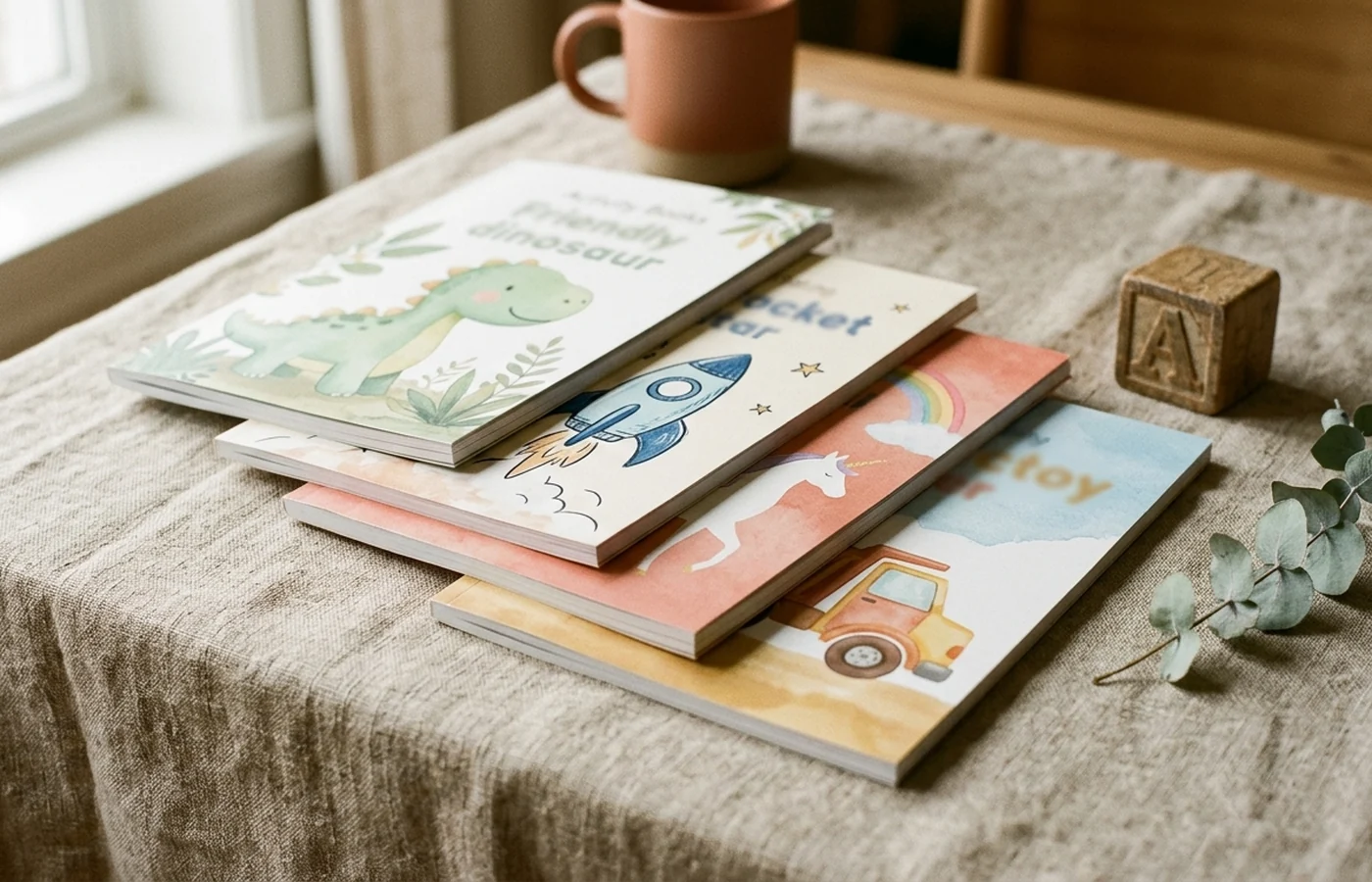 A small stack of four themed children's activity paperbacks fanned out on a linen tablecloth, each showing a different cover theme rendered in soft pastel illustration