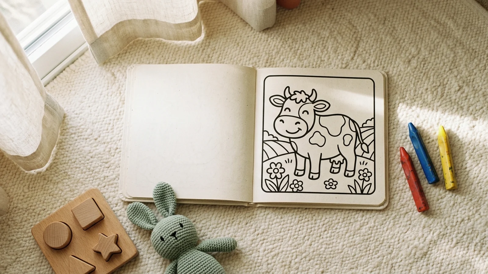 Overhead flat lay of an open toddler busy book on a soft cream rug, showing a single large friendly farm animal illustration, with chunky triangular toddler-grip crayons in primary red, blue and yellow