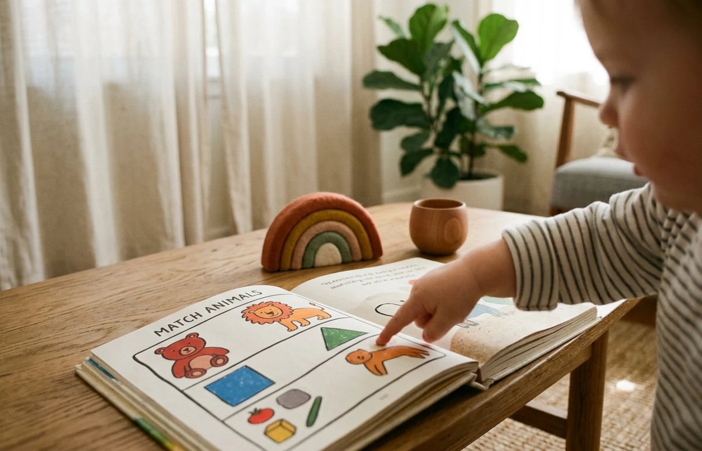 A small toddler hand softly out of focus, pointing at a large matching activity in an open paperback busy book on a low oak coffee table, with a felt rainbow toy nearby