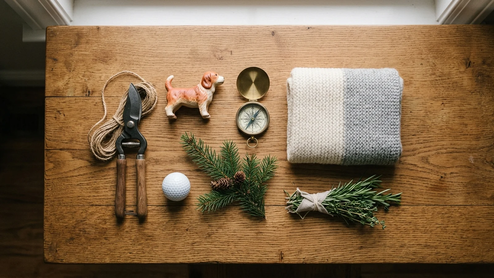 Flat lay of objects representing different word search themes including gardening shears, a dog figurine, a vintage compass, and a knitted scarf